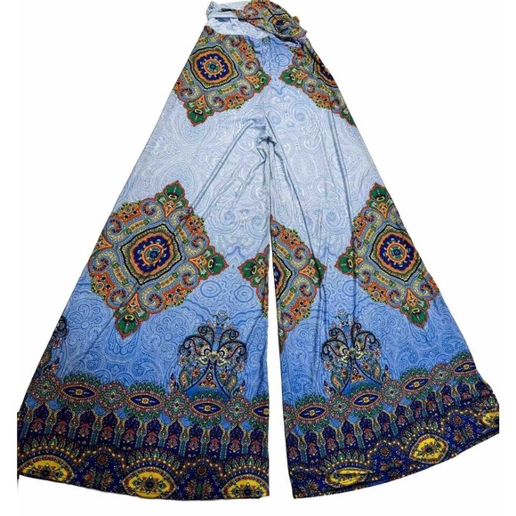 True Light Flare Leg Pants Flowy Palazzo Blue Printed Vivid - Picture 1 of 7